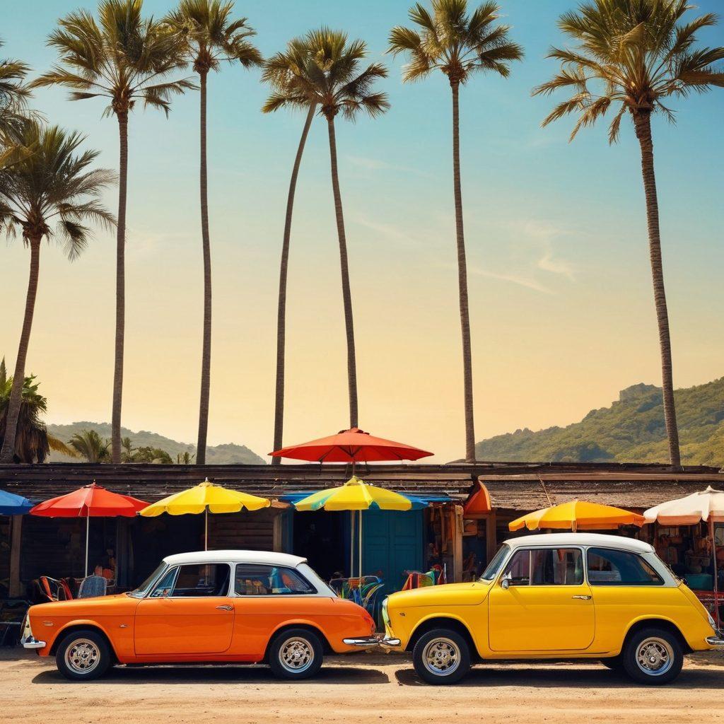 A split scene depicting a vibrant beach on one side with colorful swimwear hanging on sun umbrellas, and the other side featuring a thrilling backroad with vintage cars and motorbikes. The sun casts warm golden rays over both settings, bringing out the textures of the sand and asphalt. In the foreground, a stylish person in swimwear leans against a classic car, blending the beach vibe with car culture. super-realistic. vibrant colors. high contrast.