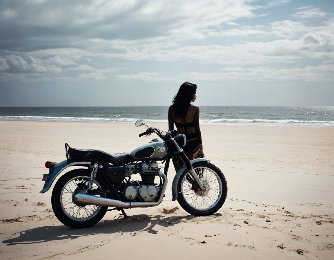 A moody beach scene featuring a vintage motorcycle parked on the sand, draped with a chic, dark-colored bikini top, evoking a blend of melancholy and freedom. Soft, overcast skies set an introspective tone, while splashes of pastel beach decor contrast with deep shadows. A distant silhouette of a figure walking away adds to the somber ambiance. Photography style: gritty realism. subdued colors. atmospheric lighting.